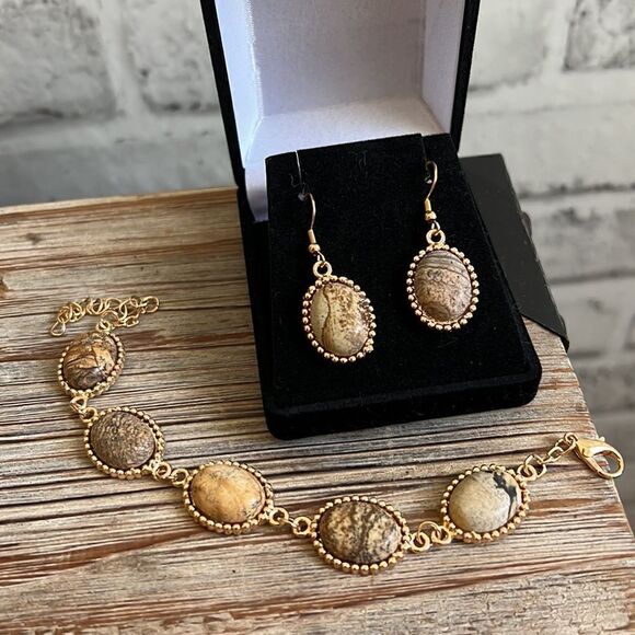 NIB Picture Jasper Stone Bracelet & Earrings Set, Gold - Picture 2 of 8